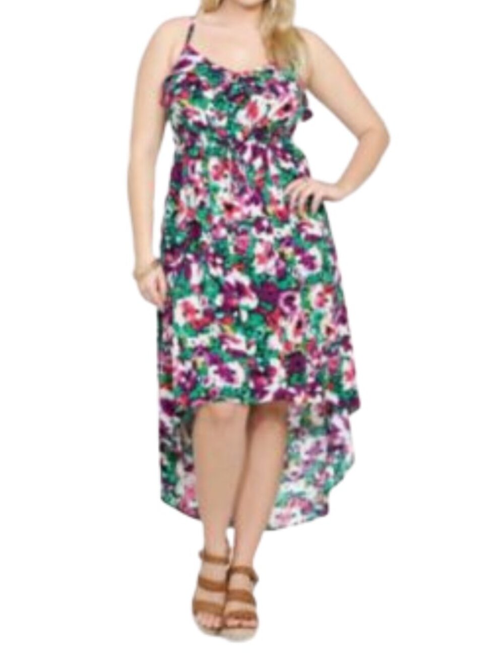 Torrid Floral High-Low Challis Dress EUC Watercolor Ruffle Size 2 (2X)